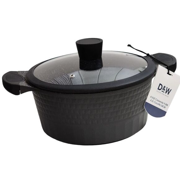 D&W Cookware 9.5in Non Stick Stockpot Casserole Pot With Glass Lid 4.5QT Black - Picture 2 of 16